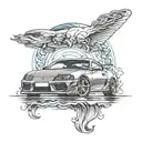 Toyota supra MK4 driving next to the sea like and Aquarius tattoo design idea