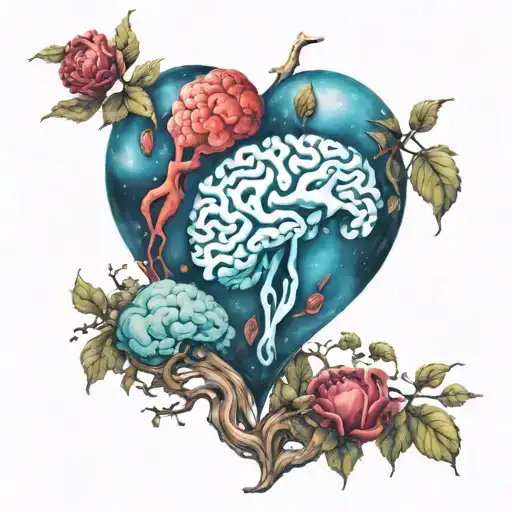 a realistic heart and brain revolving around the planet, all in Japanese style tattoo design idea