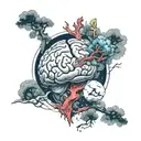 a realistic heart and brain revolving around the planet, all in Japanese style tattoo design idea