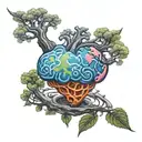 a realistic heart and brain revolving around the planet, all in Japanese style tattoo design idea