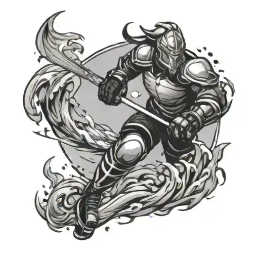 An anime-inspired tattoo of a fierce hockey player battling a mythical sea creature in a black-grey style tattoo design idea