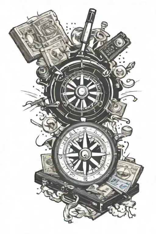 Wheel of fortune. A figure lays dead against it. Bleeding bullet wounds. An open briefcase full of credit cards tattoo design idea
