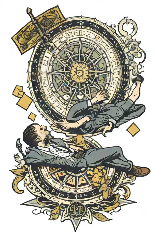 Tarot card wheel of fortune. Man lays dead against it. Bleeding bullet wounds. An open briefcase full of credit cards tattoo design idea