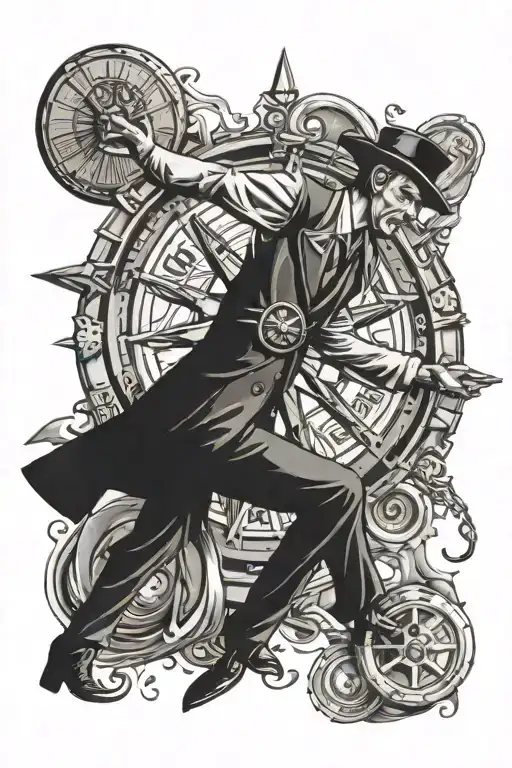 wheel of fortune and a dead man with cash falling tattoo design idea