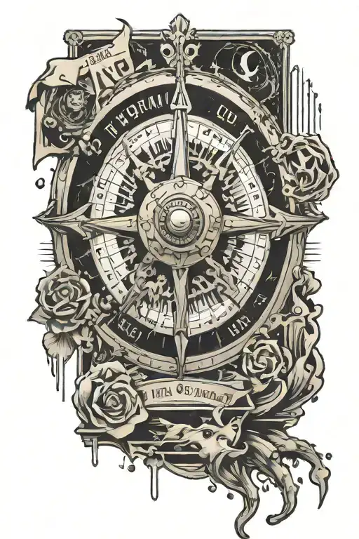 Wheel of fortune. A figure lays dead against it. Bleeding bullet wounds. An open briefcase full of credit cards tattoo design idea