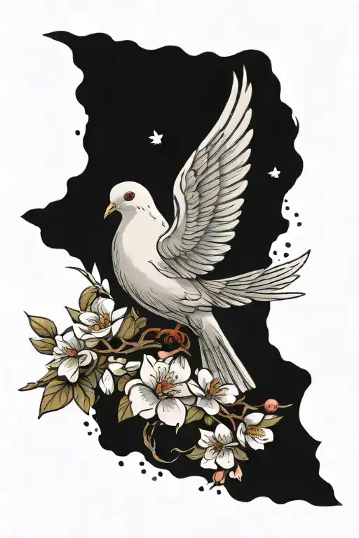 a dove as talisman with Sakura flowers and a wink to flipflops tattoo design idea