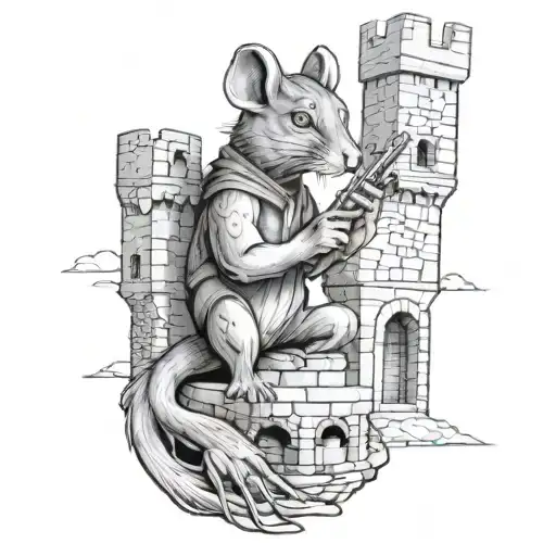 A river rat playing a flute inside a castle tower tattoo design idea