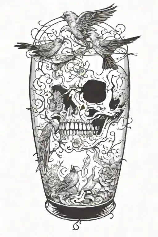 An abstract representation of death by alcoholism intertwined with birds tattoo design idea