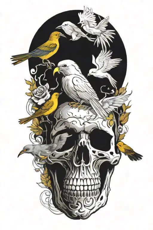 An abstract representation of death by alcoholism intertwined with birds tattoo design idea