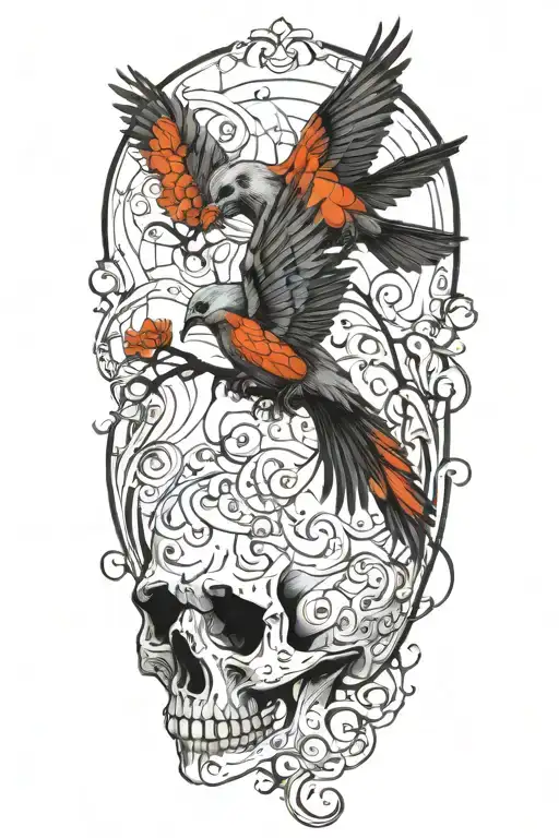 An abstract representation of death by alcoholism intertwined with birds tattoo design idea