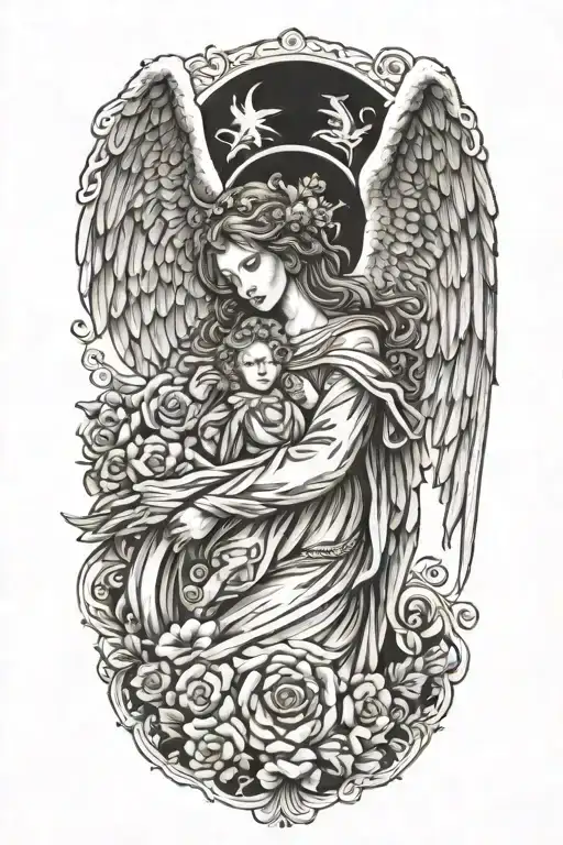 A guardian angel tattoo watching over your son, symbolizing protection and love tattoo design idea