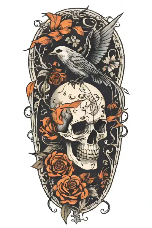 An abstract representation of death by alcoholism intertwined with birds tattoo design idea