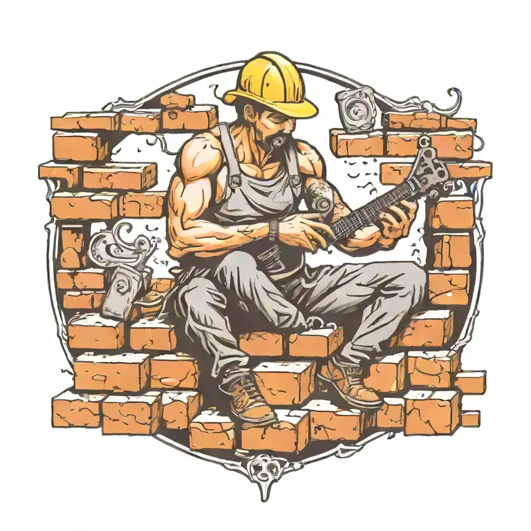 A detailed tattoo of a bricklayer laying bricks with musical notes flowing around them tattoo design idea