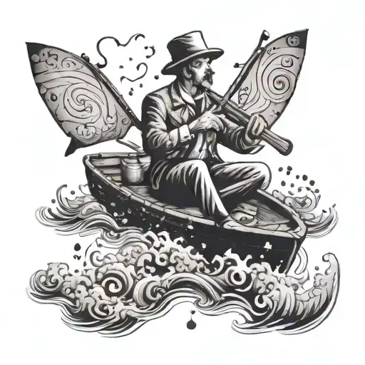 A castleman riding a raft down a river filled with musical notes tattoo design idea