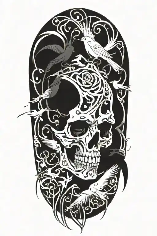 An abstract representation of death by alcoholism intertwined with birds tattoo design idea