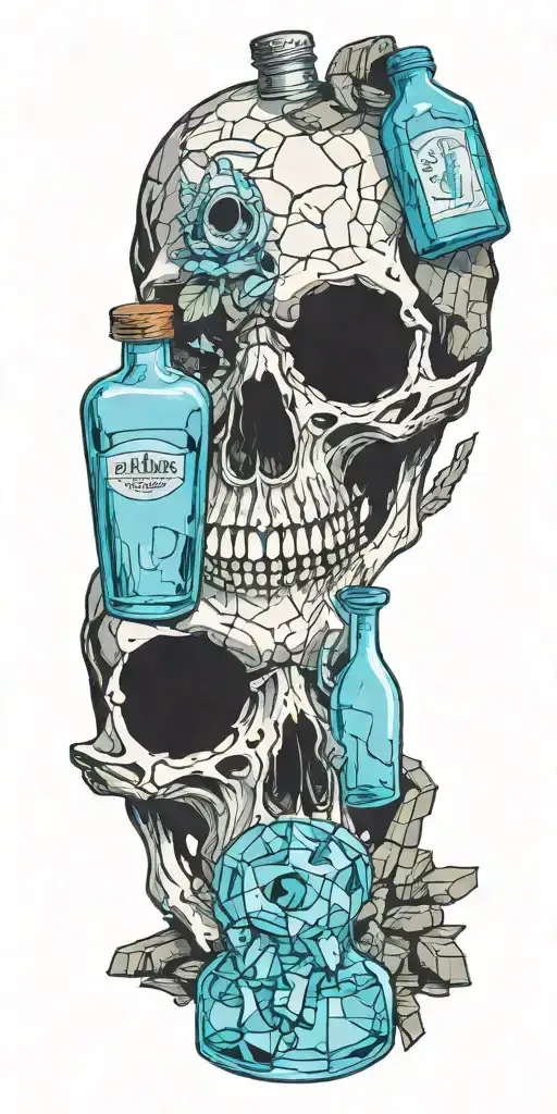 A bird skull with alcohol bottles as its eyes, sitting on a pile of bricks tattoo design idea