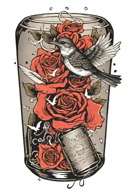A bird flying out of a bottle of alcohol, leaving a trail of song lyrics in its wake tattoo design idea