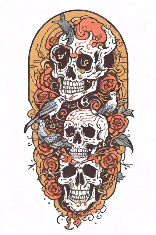 An abstract representation of death by alcoholism intertwined with birds tattoo design idea
