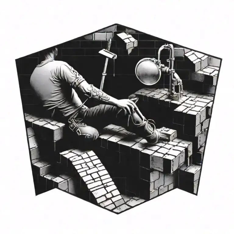 A detailed tattoo of a bricklayer laying bricks with musical notes flowing around them tattoo design idea