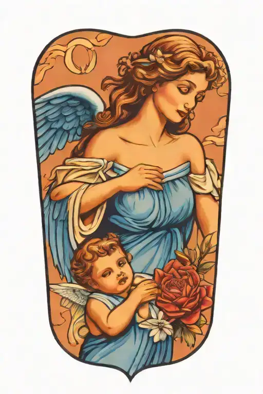 A guardian angel tattoo watching over your son, symbolizing protection and love tattoo design idea