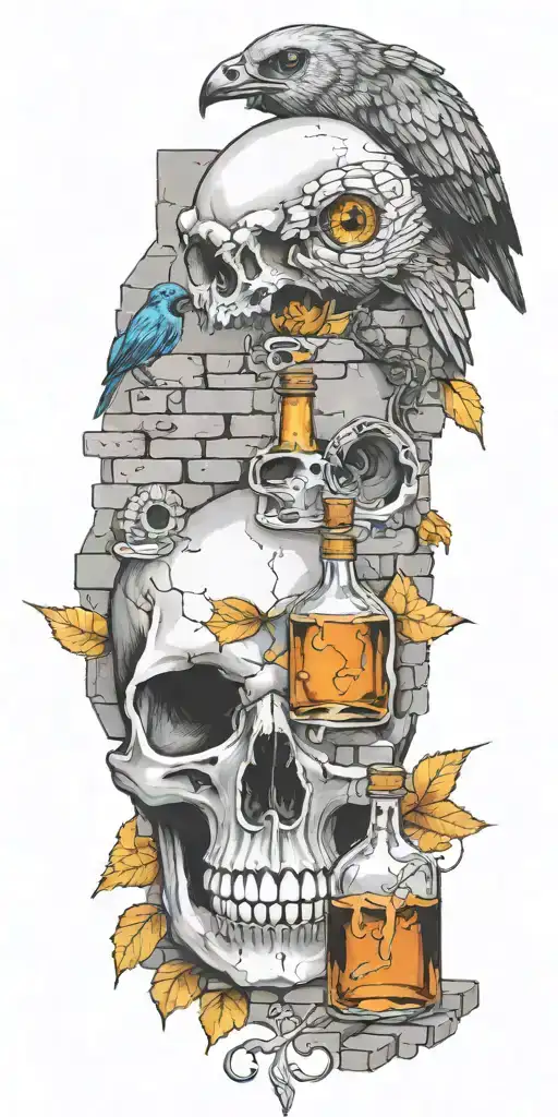 A bird skull with alcohol bottles as its eyes, sitting on a pile of bricks tattoo design idea