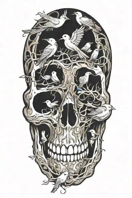 An abstract representation of death by alcoholism intertwined with birds tattoo design idea