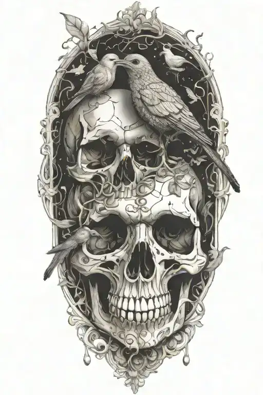 An abstract representation of death by alcoholism intertwined with birds tattoo design idea