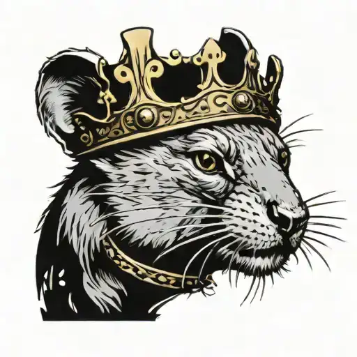 A river rat wearing a crown and holding a brick in its mouth tattoo design idea