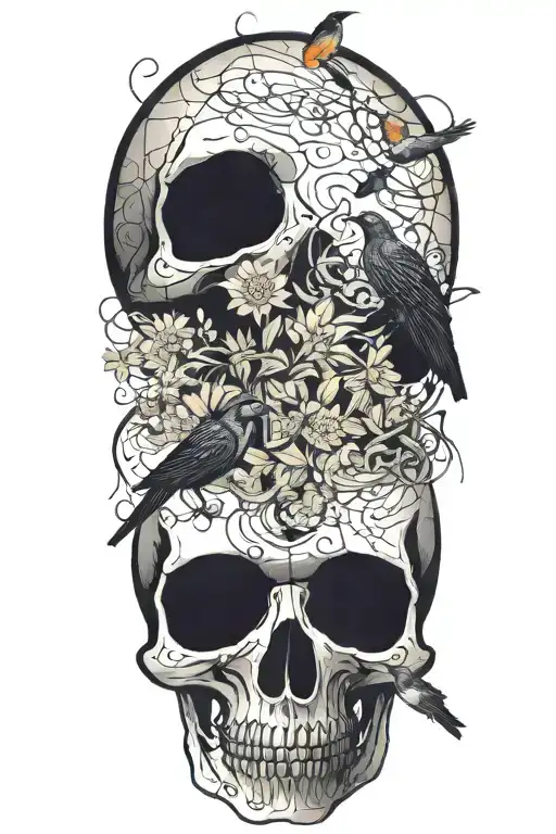 An abstract representation of death by alcoholism intertwined with birds tattoo design idea
