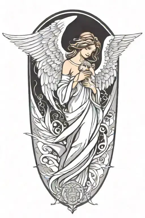 A guardian angel tattoo watching over your son, symbolizing protection and love tattoo design idea