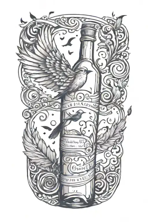 A bird flying out of a bottle of alcohol, leaving a trail of song lyrics in its wake tattoo design idea