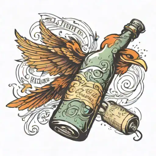 A bird flying out of a bottle of alcohol, leaving a trail of song lyrics in its wake tattoo design idea