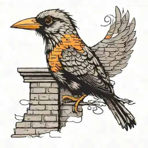 A bird with a quill pen writing a song lyric on a brick wall tattoo design idea