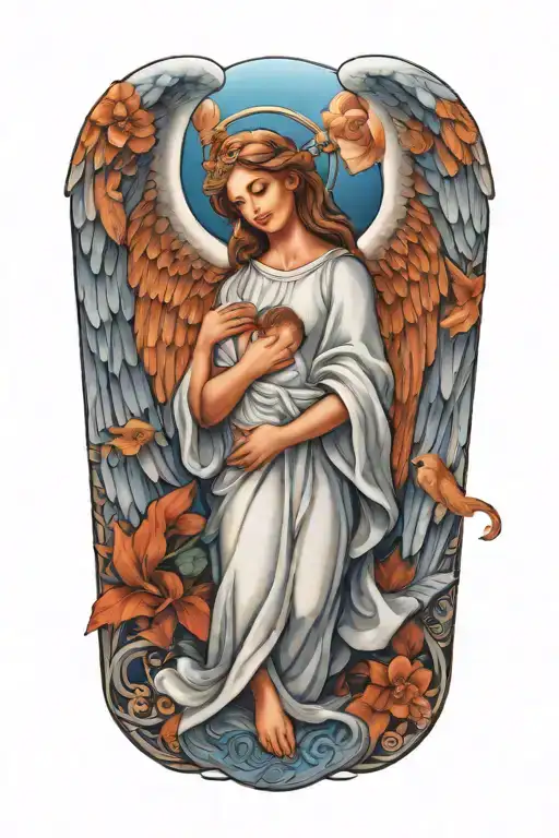 A guardian angel tattoo watching over your son, symbolizing protection and love tattoo design idea