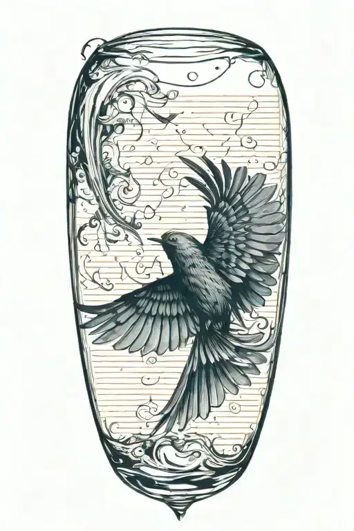 A bird flying out of a bottle of alcohol, leaving a trail of song lyrics in its wake tattoo design idea