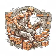A detailed tattoo of a bricklayer laying bricks with musical notes flowing around them tattoo design idea