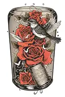 A bird flying out of a bottle of alcohol, leaving a trail of song lyrics in its wake tattoo design idea