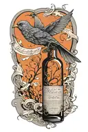 A bird flying out of a bottle of alcohol, leaving a trail of song lyrics in its wake tattoo design idea