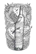 A bird flying out of a bottle of alcohol, leaving a trail of song lyrics in its wake tattoo design idea