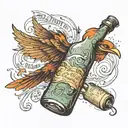 A bird flying out of a bottle of alcohol, leaving a trail of song lyrics in its wake tattoo design idea