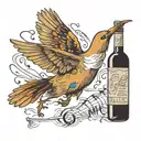A bird flying out of a bottle of alcohol, leaving a trail of song lyrics in its wake tattoo design idea