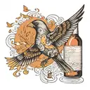 A bird flying out of a bottle of alcohol, leaving a trail of song lyrics in its wake tattoo design idea