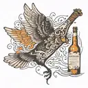 A bird flying out of a bottle of alcohol, leaving a trail of song lyrics in its wake tattoo design idea