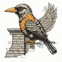 A bird with a quill pen writing a song lyric on a brick wall tattoo design idea