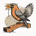 A bird with a quill pen writing a song lyric on a brick wall tattoo design idea