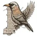 A bird with a quill pen writing a song lyric on a brick wall tattoo design idea