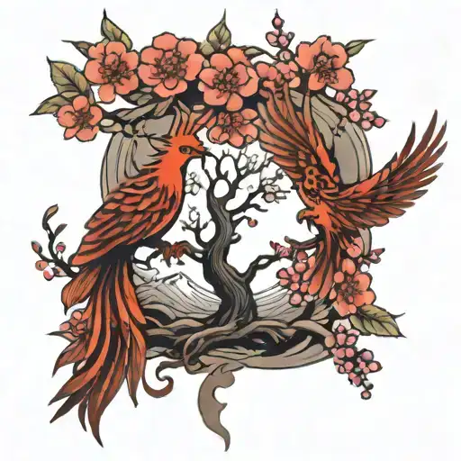 phoenix & cherry blossom tree tattoo design idea