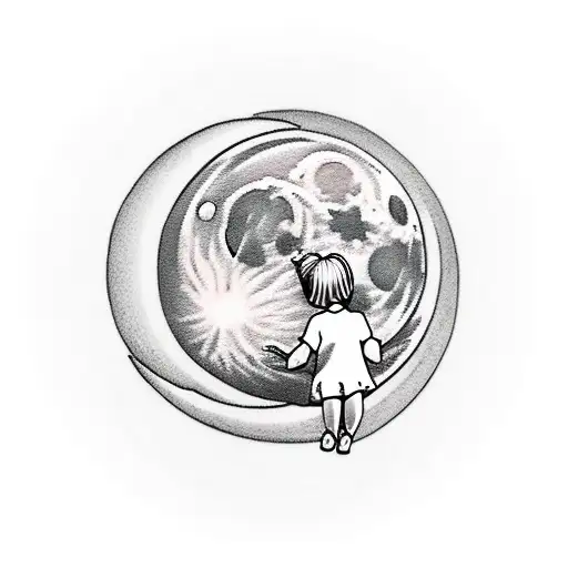 moon with little girl and mother sitting on it tattoo design idea