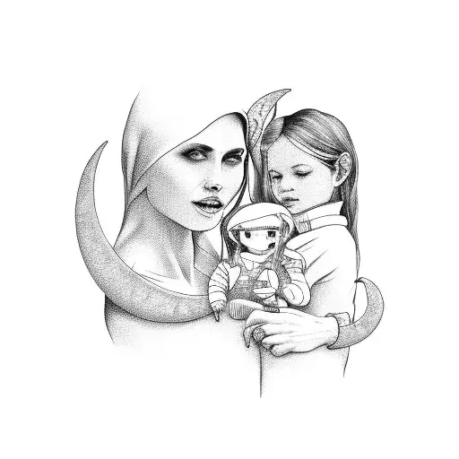 crescent moon with girl and mother sitting on it tattoo design idea