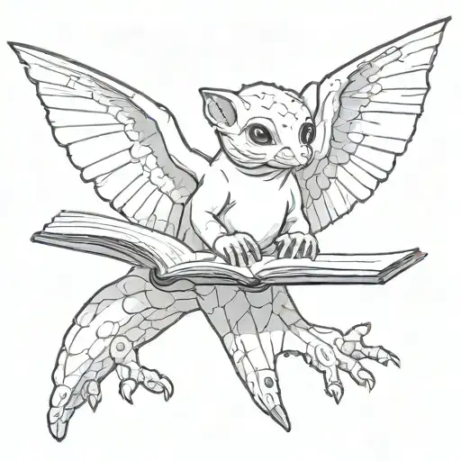 flying lemur from avatar the last airbender.  Has wings open and is reading a book tattoo design idea